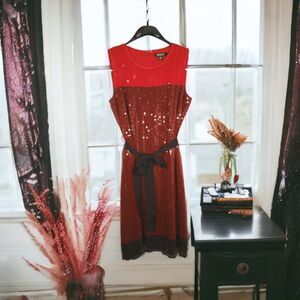 DKNY Silk Sequin Cocktail Sheath Dress Women’s Size 4 Red Black Belted